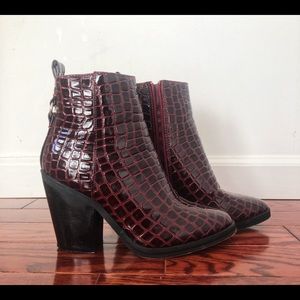Burgundy Croc Print Ankle Booties